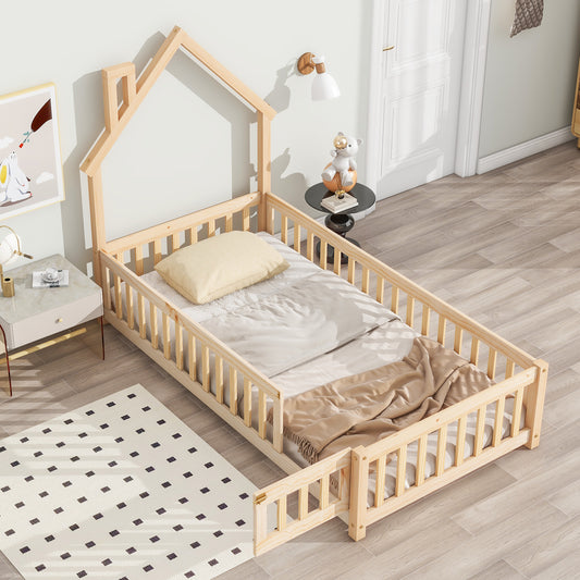 Twin House-Shaped Headboard Floor Bed with Fence Natural