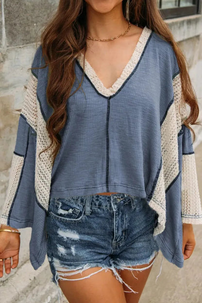 Lace Detail Contrast V-Neck Long Sleeve Blouse - Treasured Gift's & More