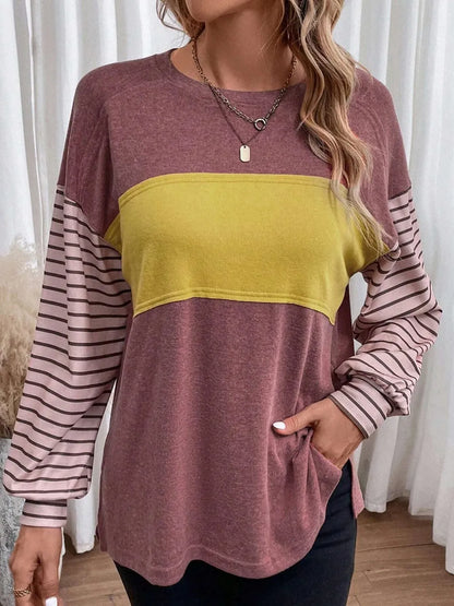 Round Neck Striped Long Sleeve Slit T-Shirt - Treasured Gift's & More