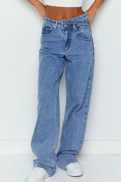 Mid Rise Asymmetrical Waist Wide Leg Jeans - Treasured Gift's & More