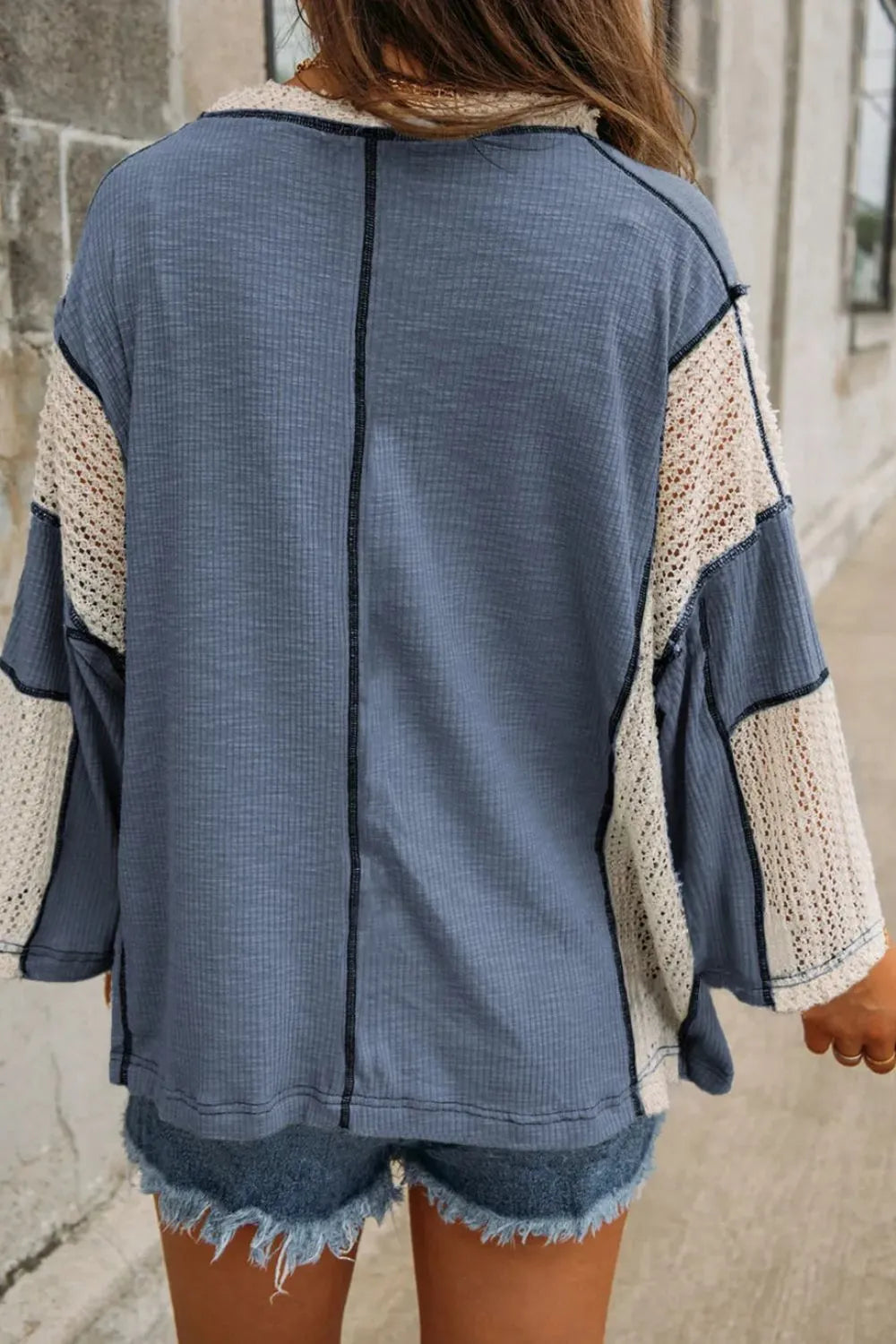 Lace Detail Contrast V-Neck Long Sleeve Blouse - Treasured Gift's & More