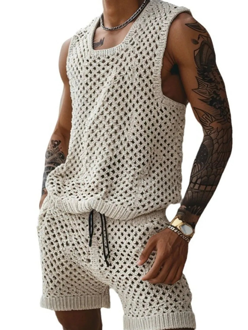 Men's Plus Size Hollow Out Round Neck Tank and Shorts Set - Treasured Gift's & More