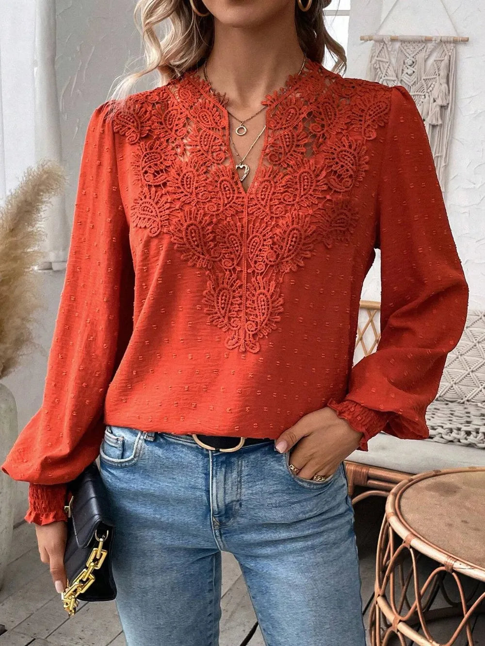 Swiss Dot Lace Detail Notched Long Sleeve Blouse - Treasured Gift's & More