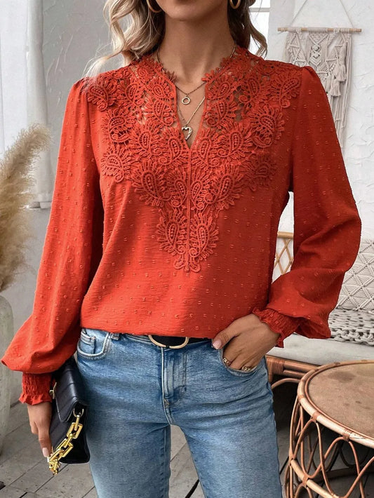 Swiss Dot Lace Detail Notched Long Sleeve Blouse - Treasured Gift's & More