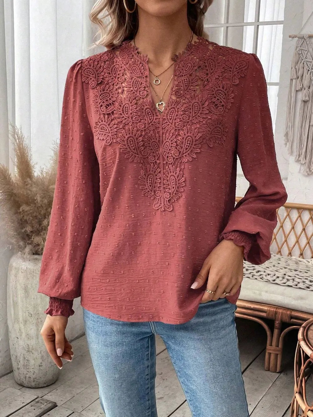 Swiss Dot Lace Detail Notched Long Sleeve Blouse - Treasured Gift's & More