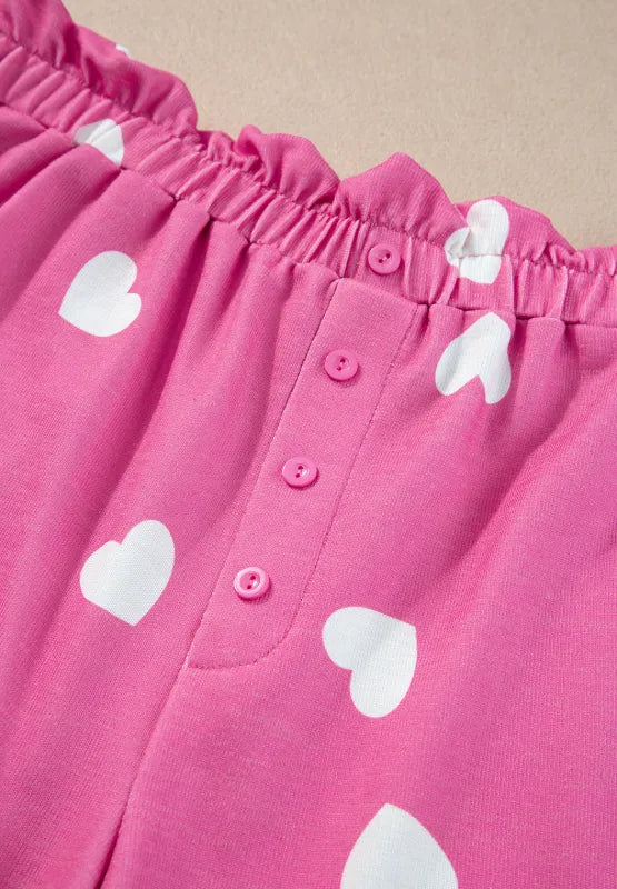 Heart Round Neck Long Sleeve Top and Elastic Waist Shorts Set - Treasured Gift's & More
