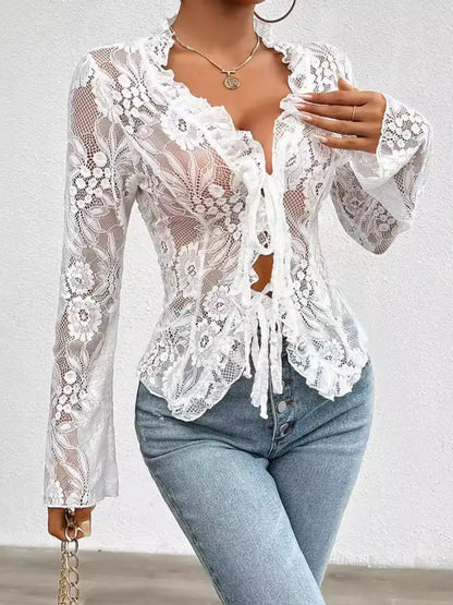Tied V-Neck Long Sleeve Lace Top - Treasured Gift's & More