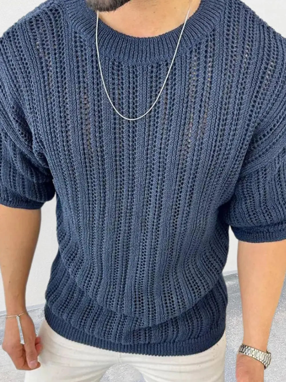 Men's Openwork Round Neck Knit T-Shirt - Treasured Gift's & More