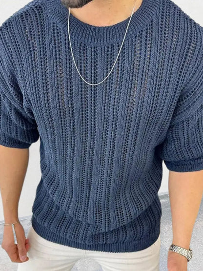 Men's Openwork Round Neck Knit T-Shirt - Treasured Gift's & More