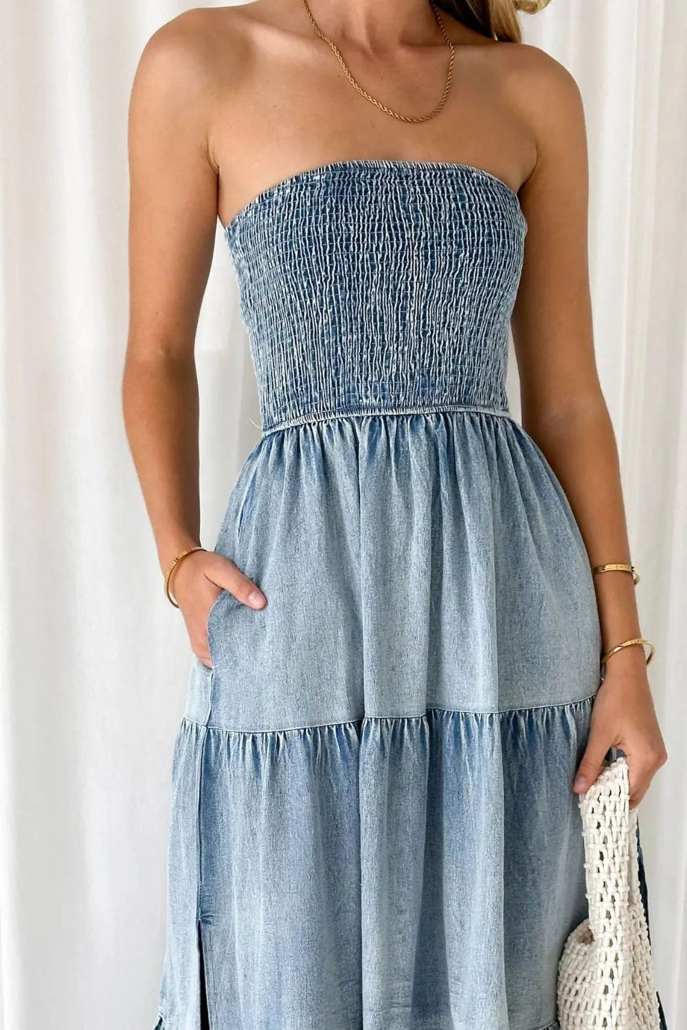 Smocked Tube Slit Tiered Denim Dress - Treasured Gift's & More