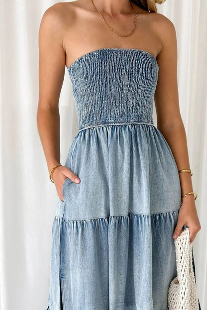 Smocked Tube Slit Tiered Denim Dress - Treasured Gift's & More