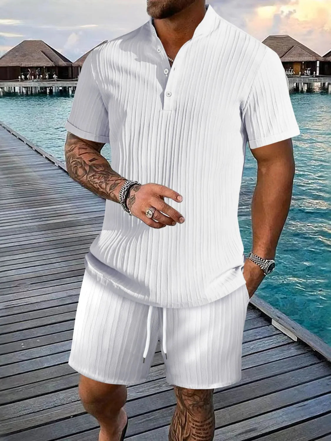 Men's Full Size Button Detail Short Sleeve Top and Shorts Set Plus Size - Treasured Gift's & More