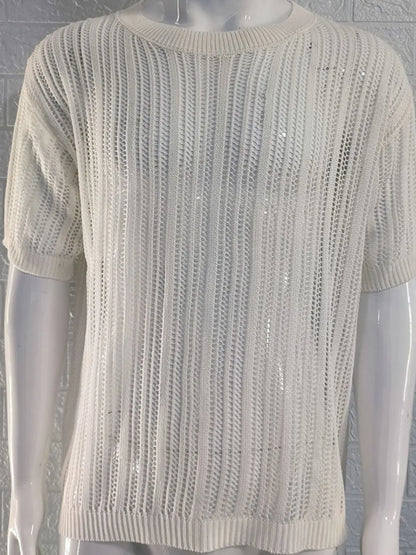 Men's Openwork Round Neck Knit T-Shirt - Treasured Gift's & More