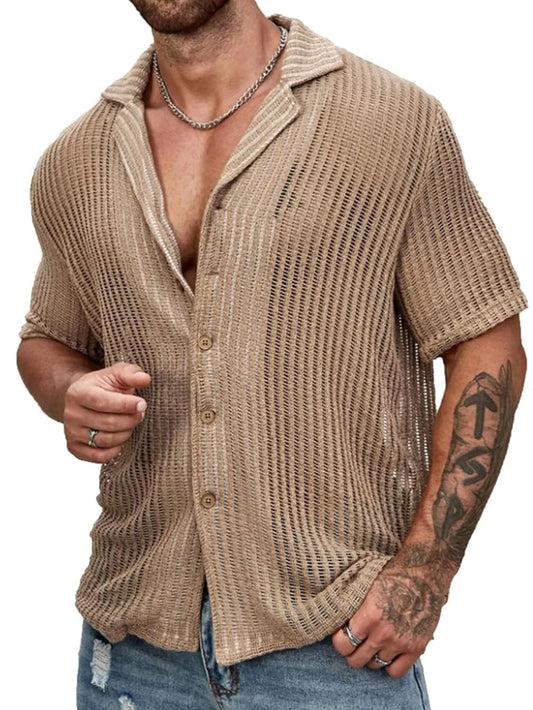 Men's Full Size Openwork Button Down Short Sleeve Shirt Plus Size - Treasured Gift's & More