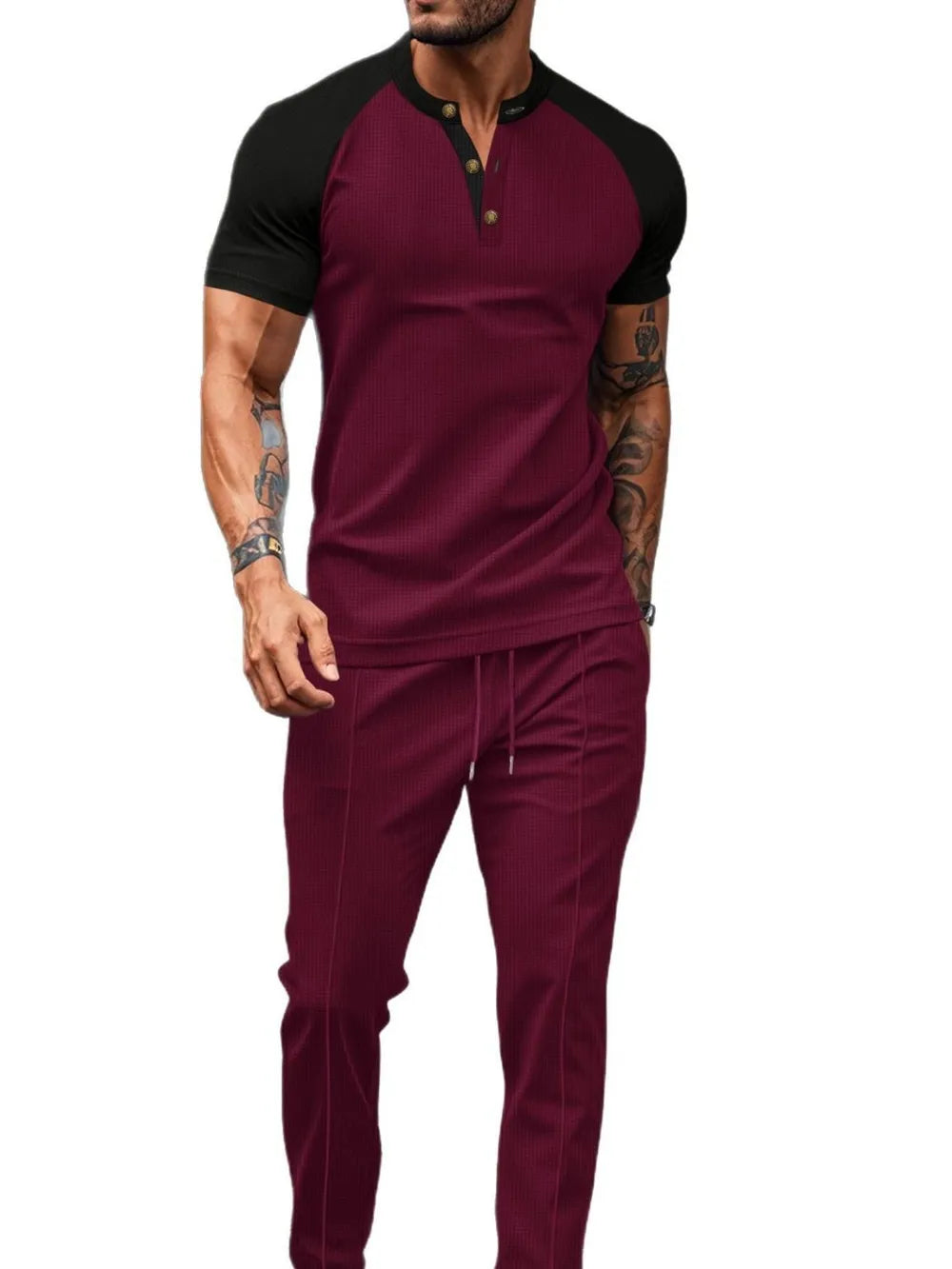 Men's Full Size Waffle-Knit Contrast Top and Drawstring Pants Set Plus Size - Treasured Gift's & More