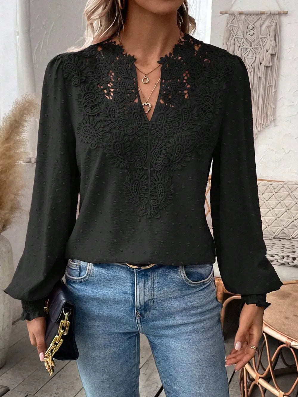 Swiss Dot Lace Detail Notched Long Sleeve Blouse - Treasured Gift's & More