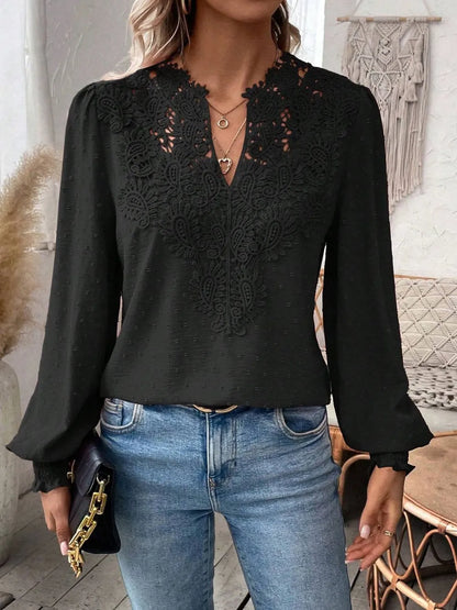 Swiss Dot Lace Detail Notched Long Sleeve Blouse - Treasured Gift's & More