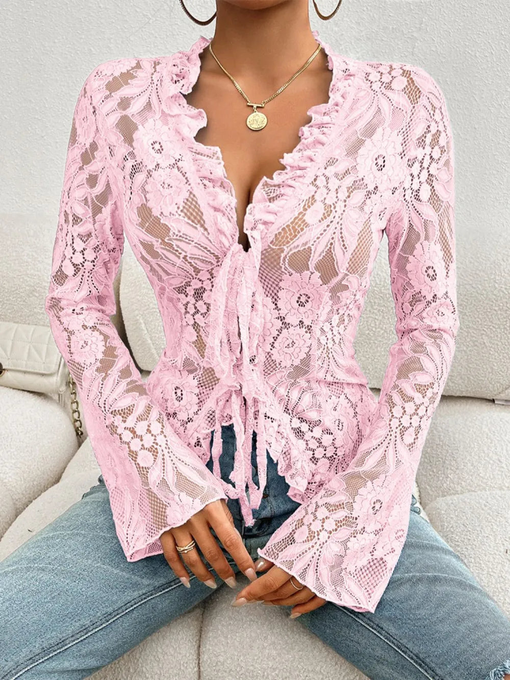 Tied V-Neck Long Sleeve Lace Top - Treasured Gift's & More