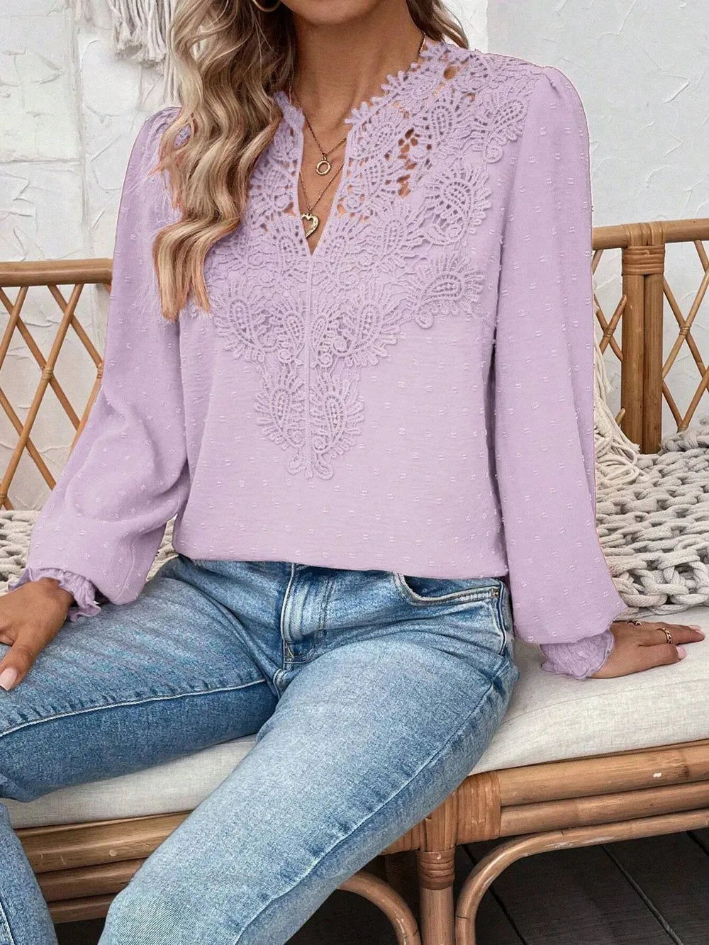 Swiss Dot Lace Detail Notched Long Sleeve Blouse - Treasured Gift's & More