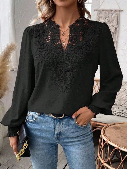 Swiss Dot Lace Detail Notched Long Sleeve Blouse - Treasured Gift's & More