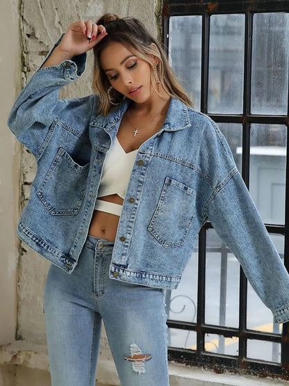Button Down Drop Shoulder Denim Jacket - Treasured Gift's & More