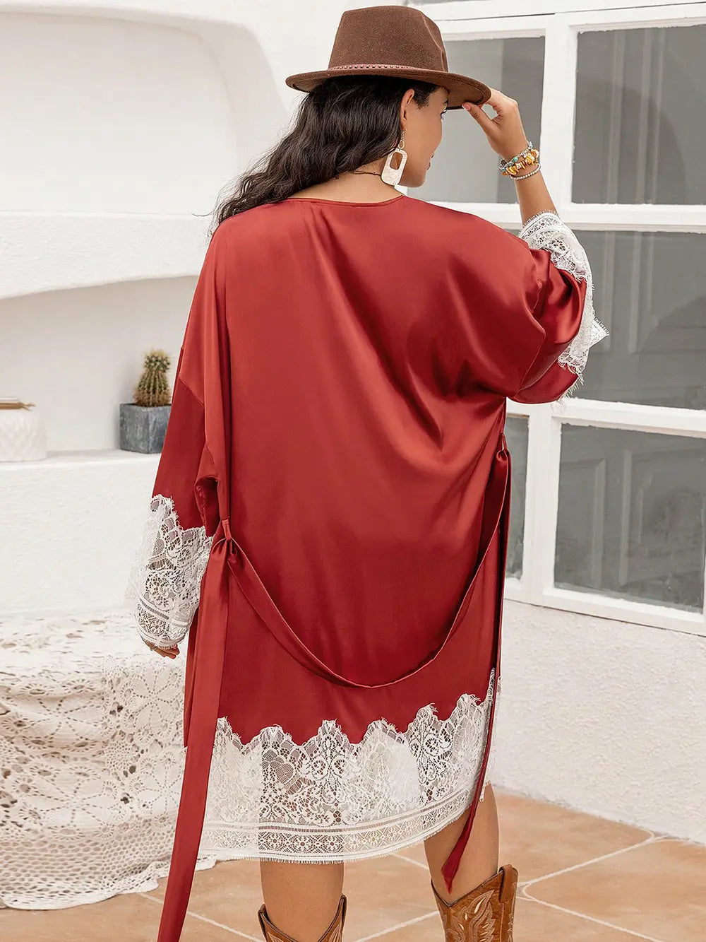 Plus Size Lace Patchwork Tie Front Robe - Treasured Gift's & More
