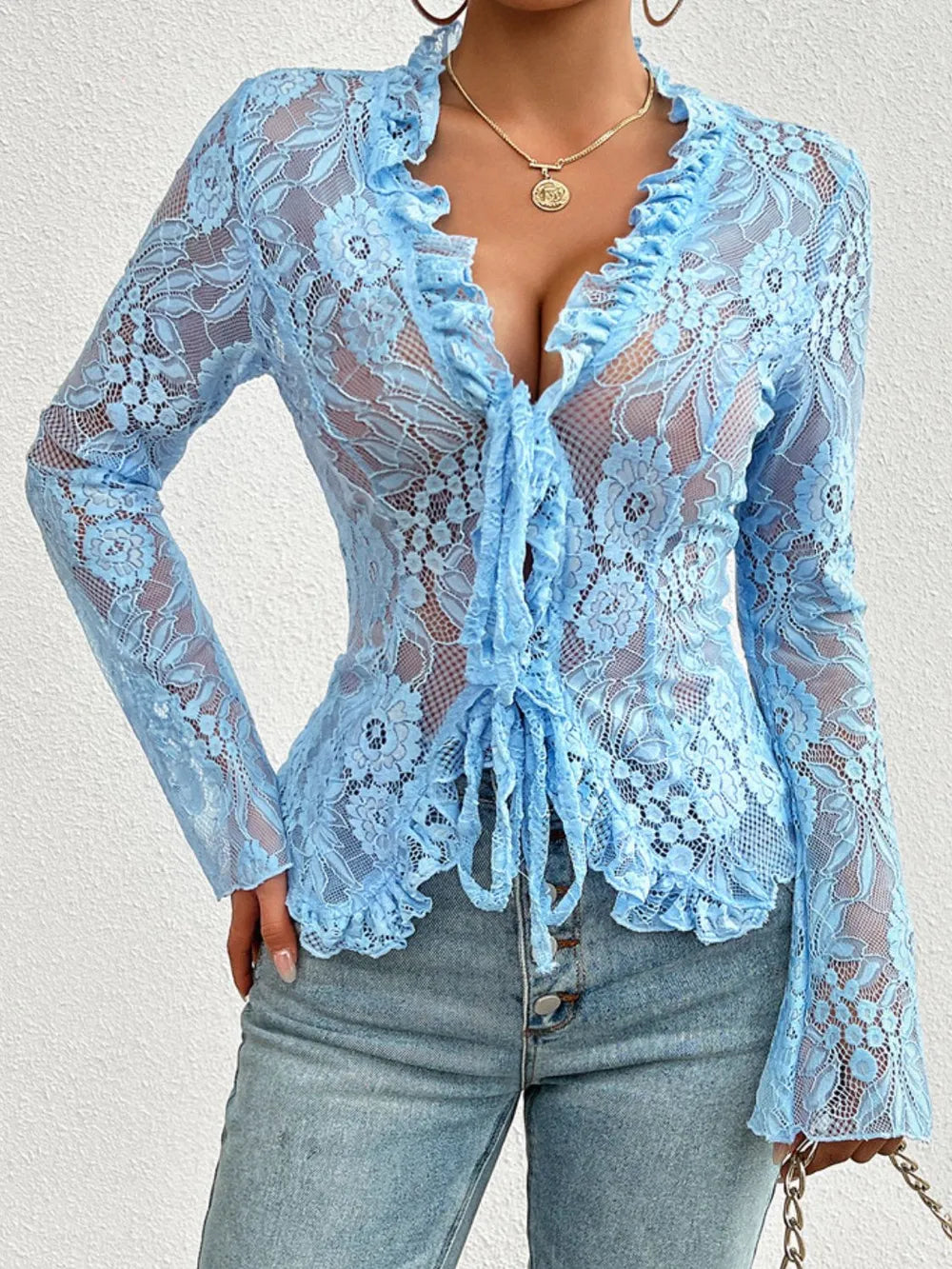 Tied V-Neck Long Sleeve Lace Top - Treasured Gift's & More