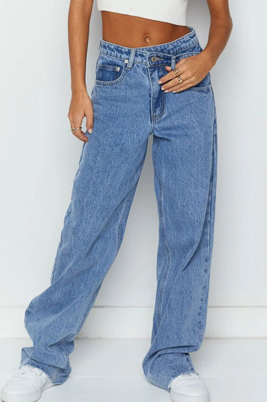 Mid Rise Asymmetrical Waist Wide Leg Jeans - Treasured Gift's & More
