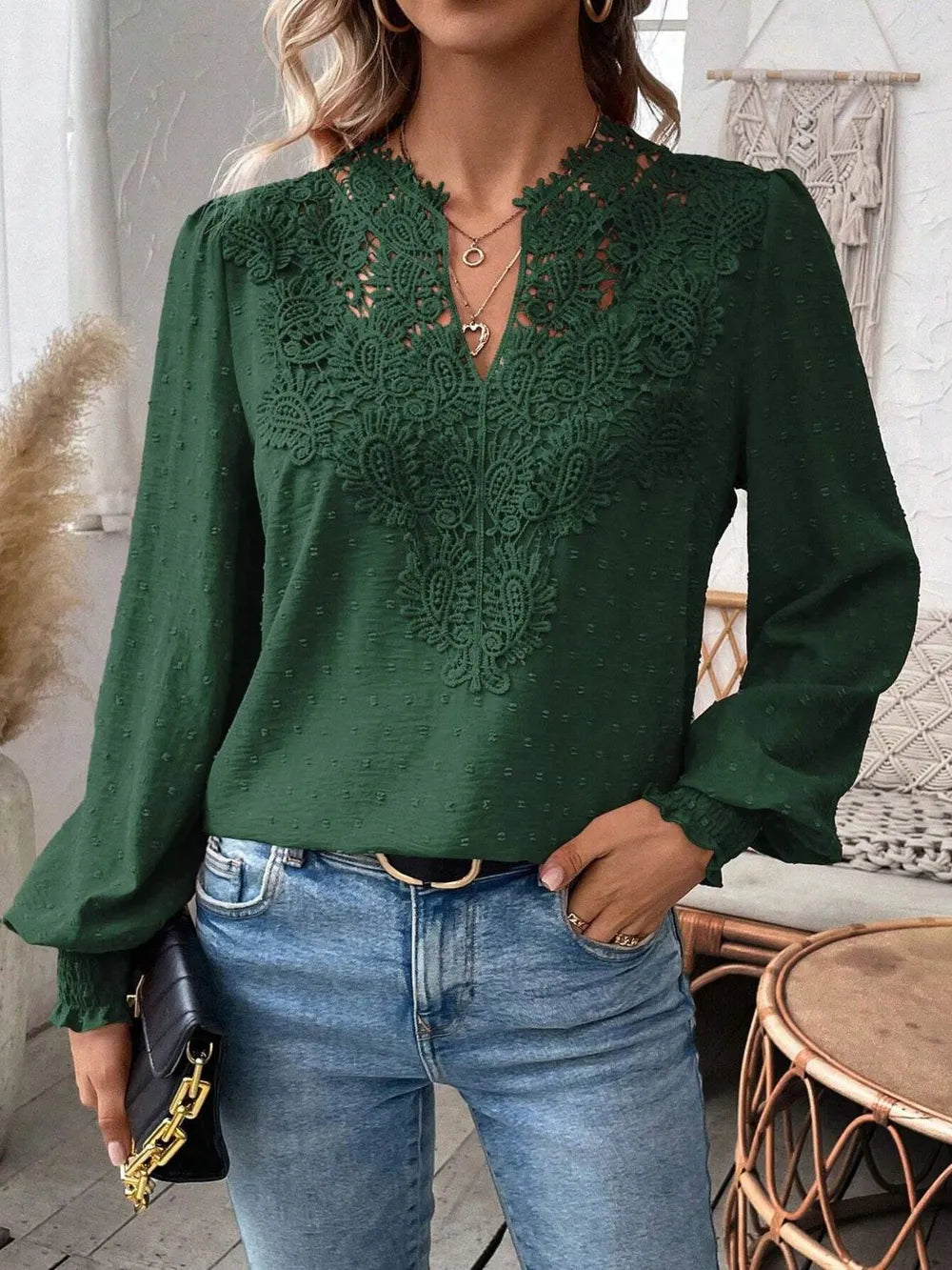 Swiss Dot Lace Detail Notched Long Sleeve Blouse - Treasured Gift's & More