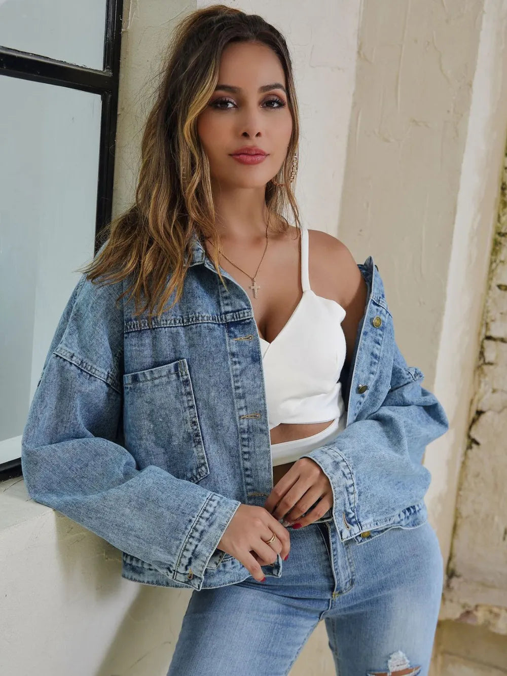 Button Down Drop Shoulder Denim Jacket - Treasured Gift's & More
