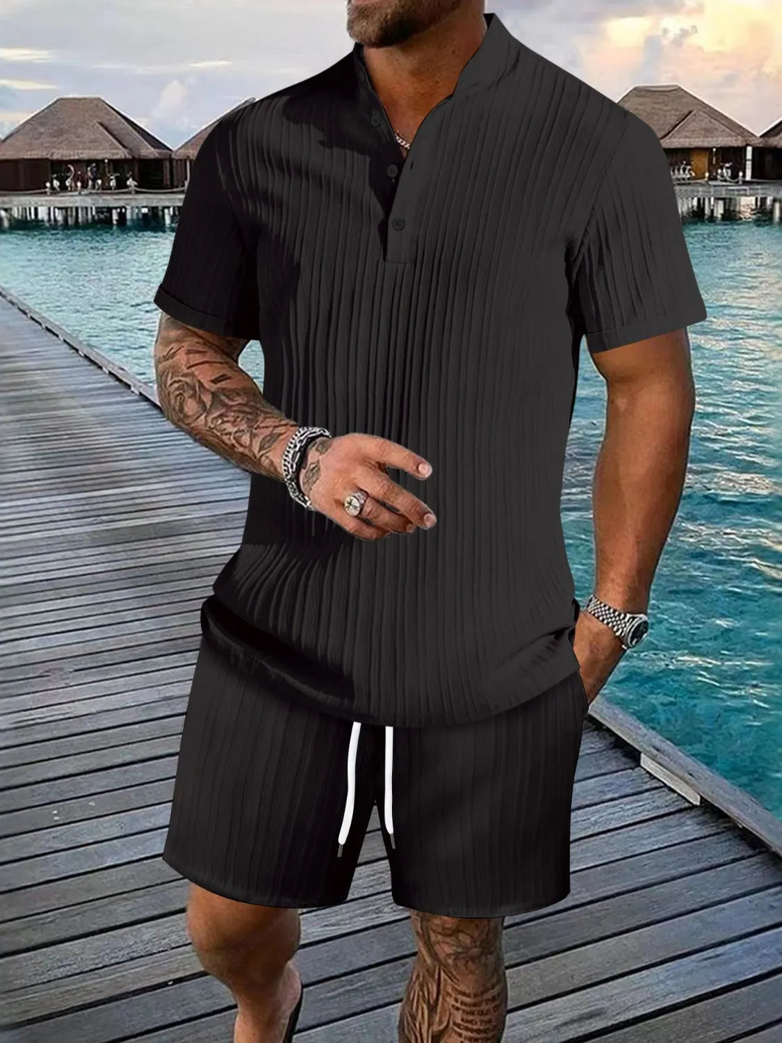 Men's Full Size Button Detail Short Sleeve Top and Shorts Set Plus Size - Treasured Gift's & More