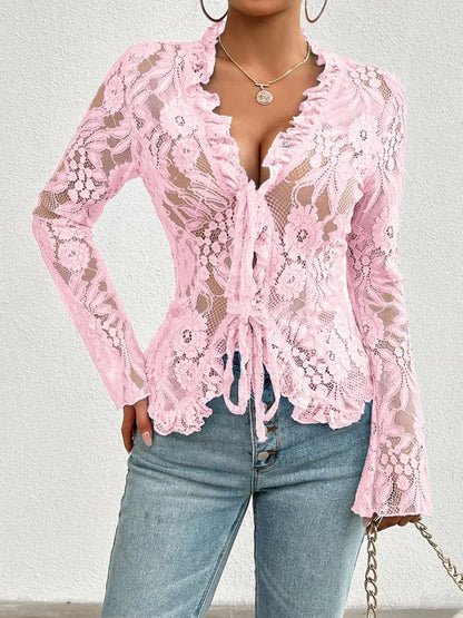 Tied V-Neck Long Sleeve Lace Top - Treasured Gift's & More