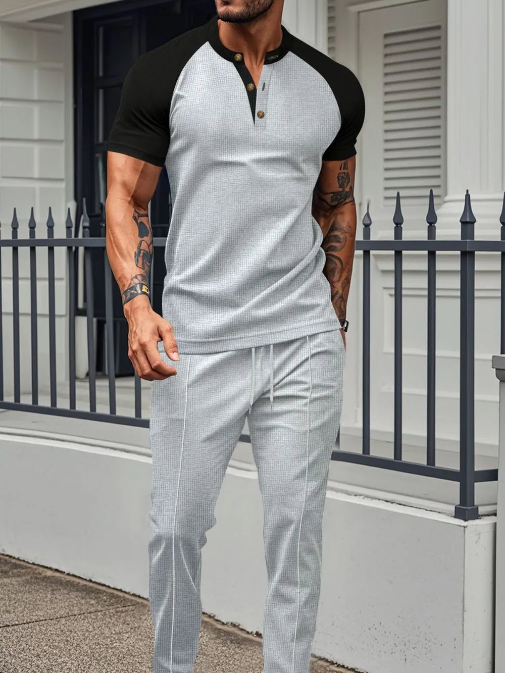 Men's Full Size Waffle-Knit Contrast Top and Drawstring Pants Set Plus Size - Treasured Gift's & More