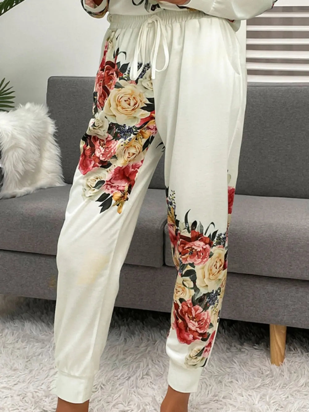 Shiny Printed Round Neck Top and Pants Lounge Set - Treasured Gift's & More