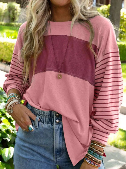Round Neck Striped Long Sleeve Slit T-Shirt - Treasured Gift's & More