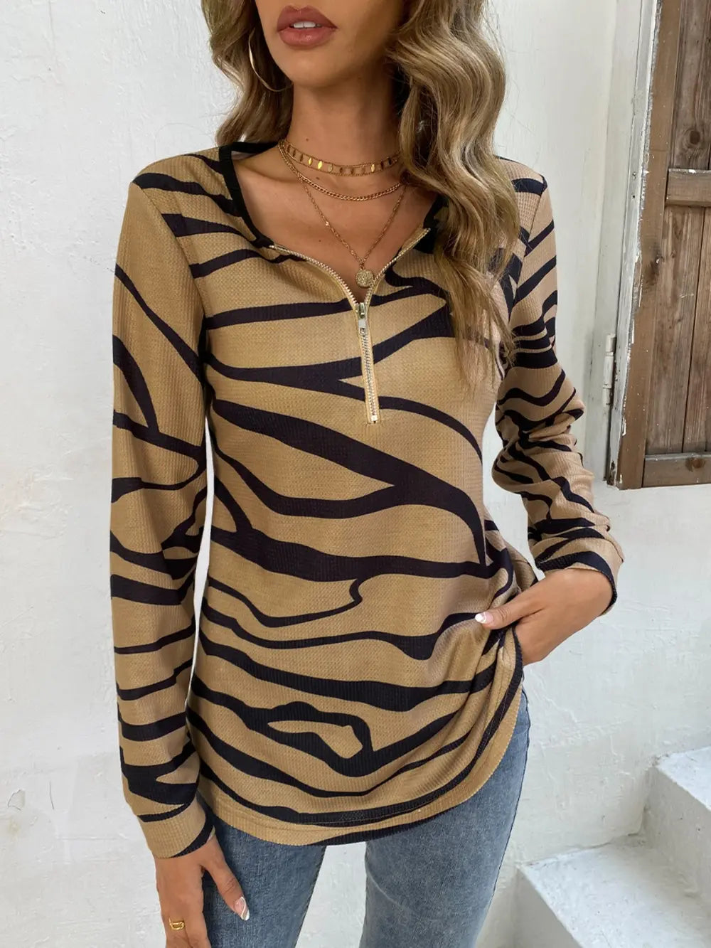 Shiny Printed Half Zip Long Sleeve T-Shirt - Treasured Gift's & More