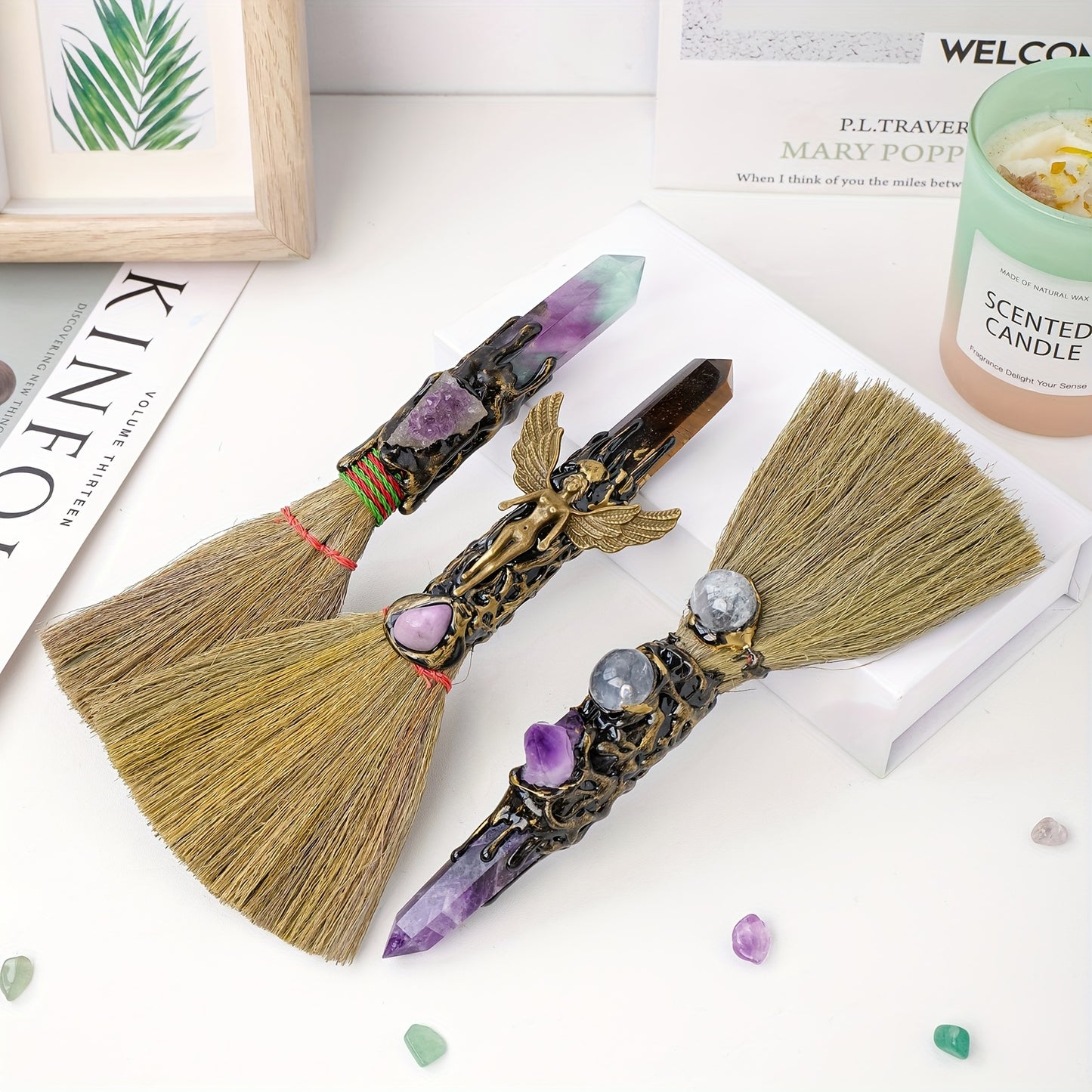 1PC Natural Crystal Point Wand Small Broom Tools