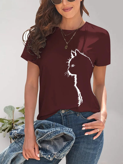 Cat Round Neck Short Sleeve T-Shirt - Treasured Gift's & More