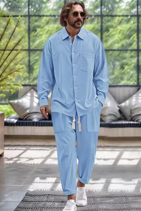 Men's Collared Neck Long Sleeve Top and Pants Set Plus Size - Treasured Gift's & More