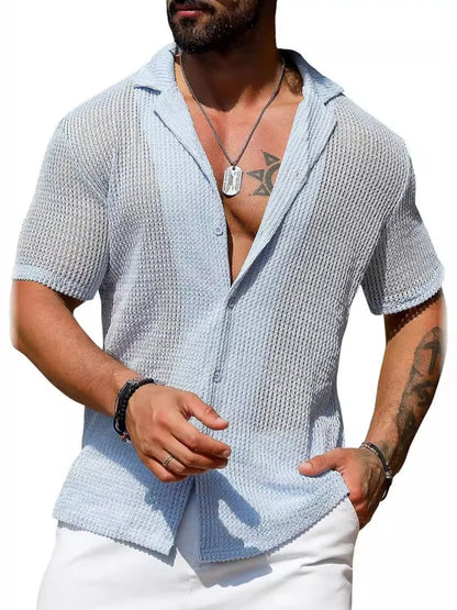 Men's Full Size Openwork Button Down Short Sleeve Shirt Plus Size - Treasured Gift's & More