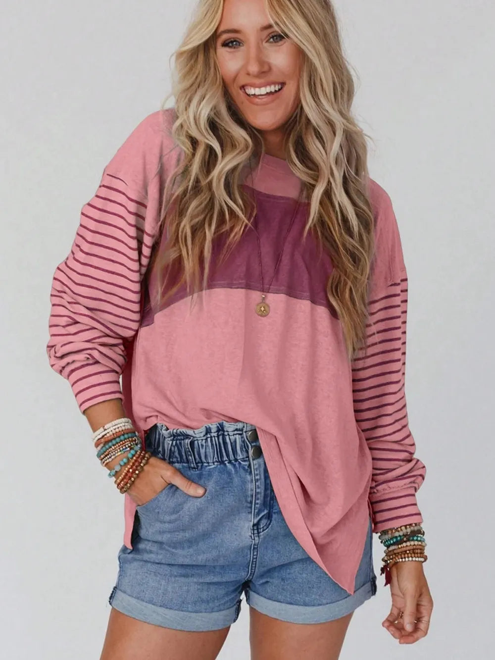 Round Neck Striped Long Sleeve Slit T-Shirt - Treasured Gift's & More