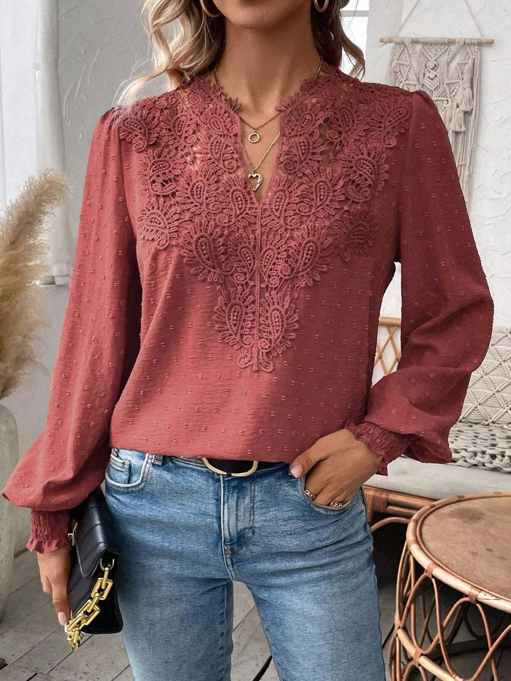Swiss Dot Lace Detail Notched Long Sleeve Blouse - Treasured Gift's & More