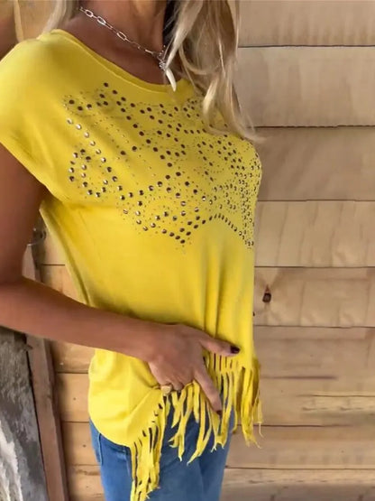 Studded Fringe Round Neck Cap Sleeve T-Shirt - Treasured Gift's & More