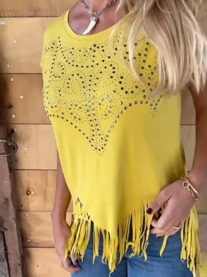 Studded Fringe Round Neck Cap Sleeve T-Shirt - Treasured Gift's & More
