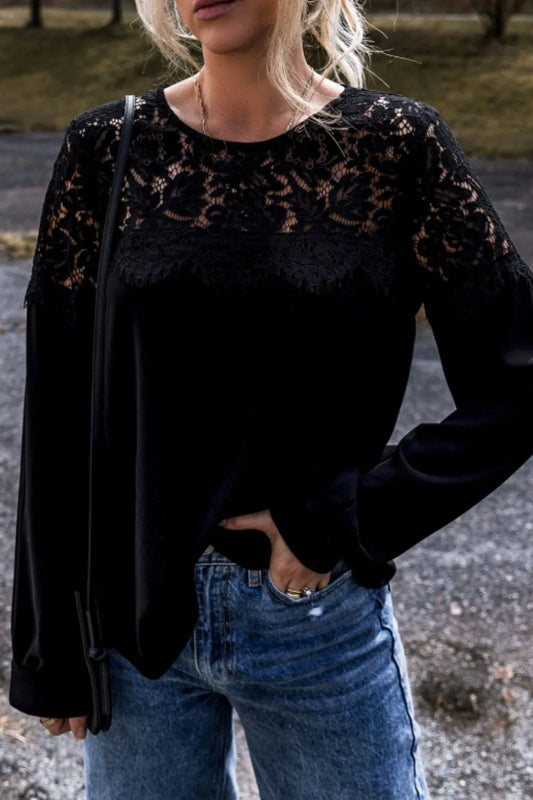 Lace Detail Round Neck Long Sleeve Blouse - Treasured Gift's & More