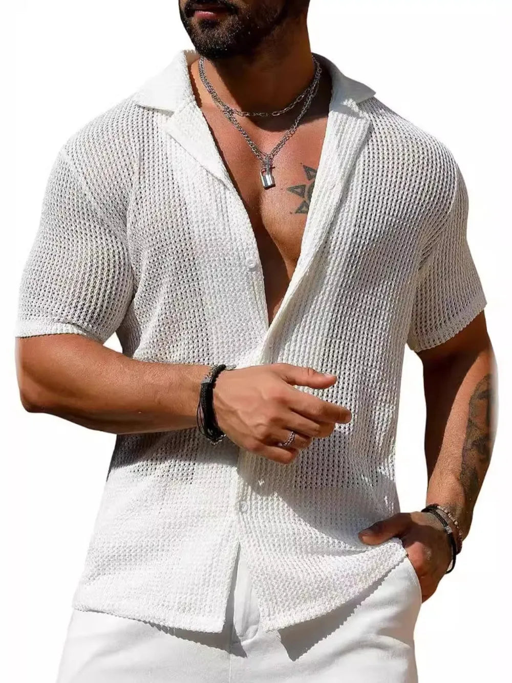 Men's Full Size Openwork Button Down Short Sleeve Shirt Plus Size - Treasured Gift's & More
