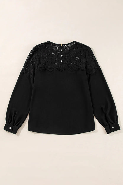 Lace Detail Round Neck Long Sleeve Blouse - Treasured Gift's & More