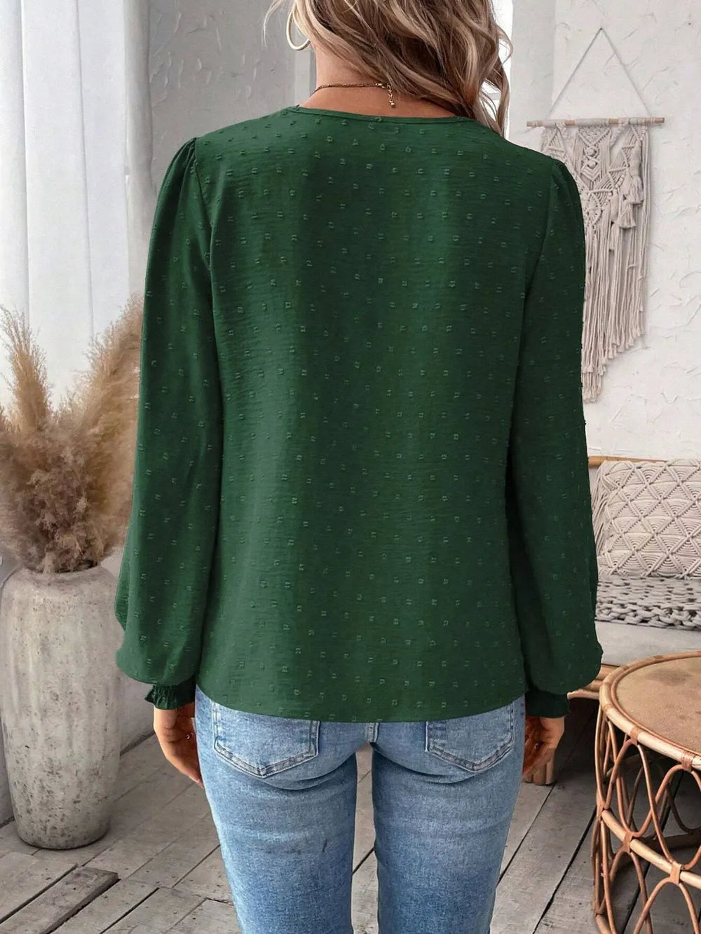 Swiss Dot Lace Detail Notched Long Sleeve Blouse - Treasured Gift's & More
