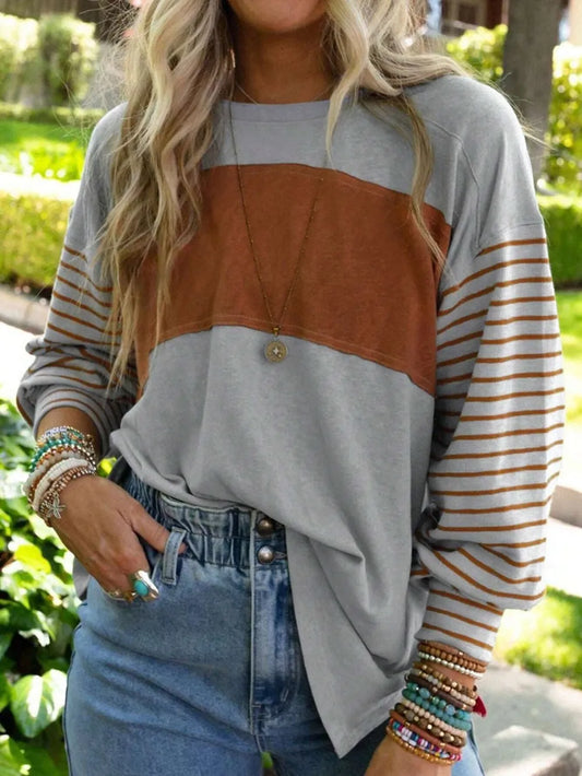 Round Neck Striped Long Sleeve Slit T-Shirt - Treasured Gift's & More
