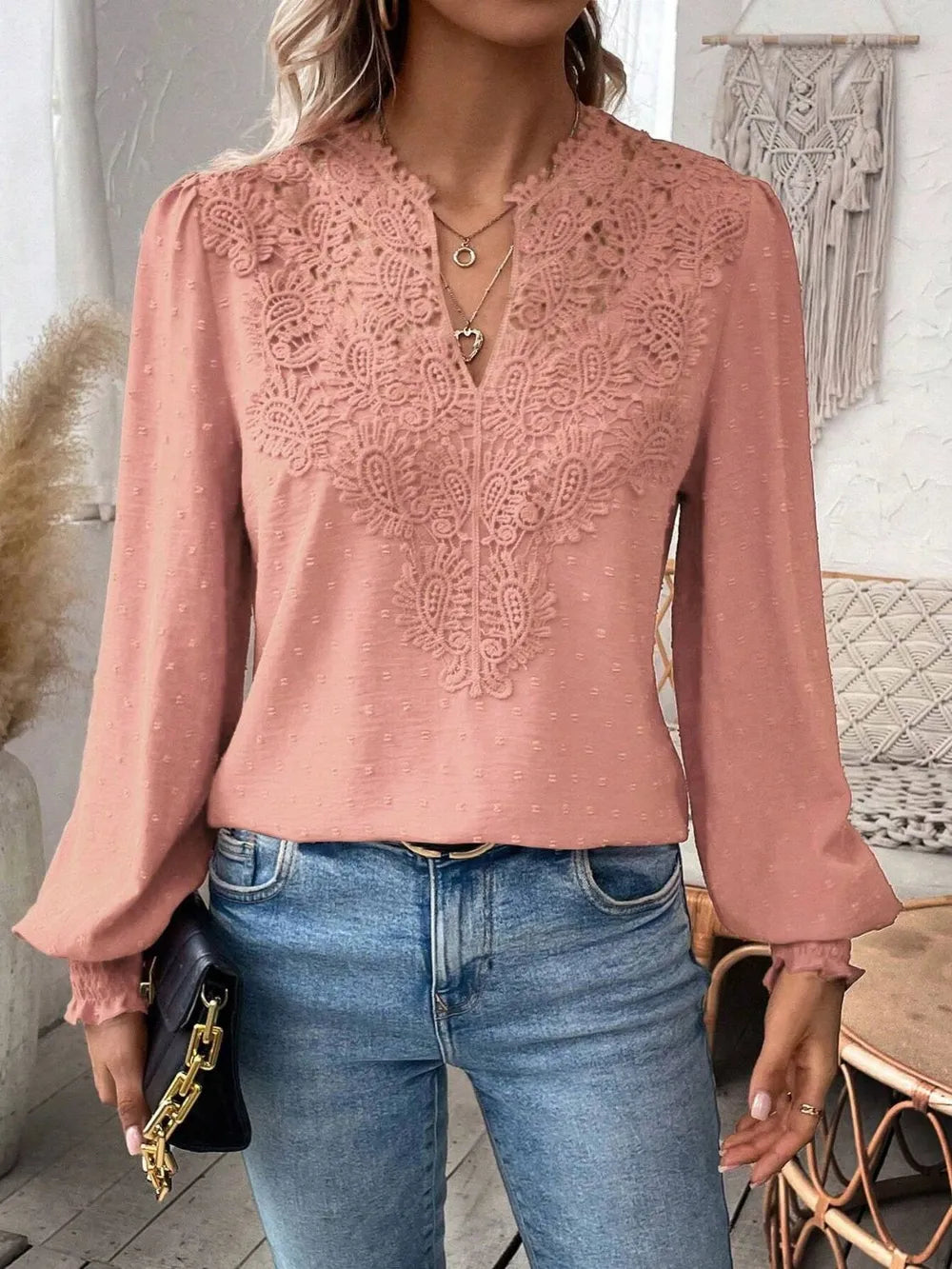 Swiss Dot Lace Detail Notched Long Sleeve Blouse - Treasured Gift's & More
